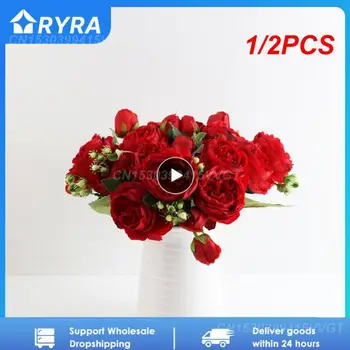 1/2KS 30 cm Rose Hodváb Pivónia Umelé Kvety, Kytice 5 Veľkú Hlavu a 4 Bud Lacné Falošné Kvety pre Domáce Svadobné Dekorácie