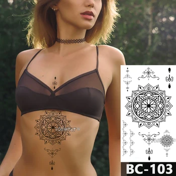 1 List Hrudníka Tetovanie Tela Dočasné Nepremokavé Šperky Čiernej Čipky Mandala Lotus Vzor Odtlačkový Pás Art Tattoo Nálepky