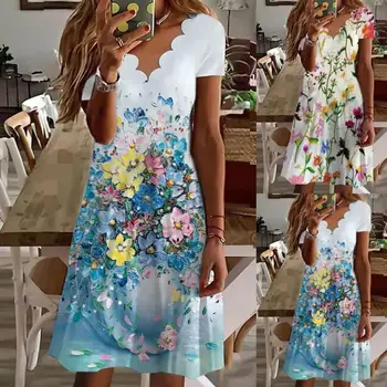 2023 Elegantné Oblečenie pre Ženy Čipky Kvetinový Vytlačené Koleno Dĺžke Šaty Módneho V Krku Krátky Rukáv Pláž Green Letné Šaty