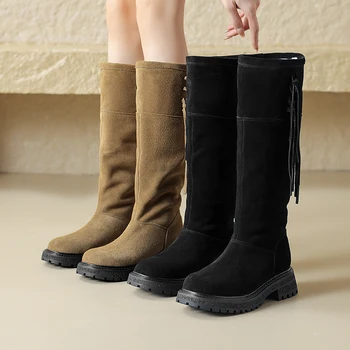 2023 nové teplé zimné topánky Ženy koleno-vysoké topánky 22-25 cm krava semiš+vlna zmes moderné topánky, čižmy Strapec dlhé topánky