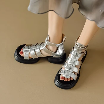 2023 Ženy, sandále prírodná koža 22-25 cm cowhide+ bravčovej plný kožené Gladiator sandále silné päty ženy letné topánky