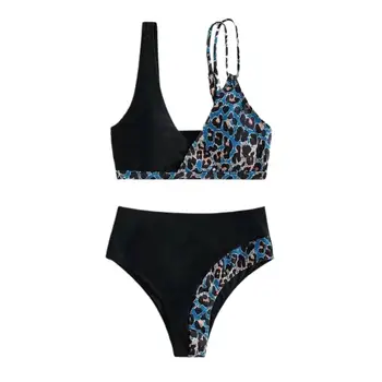 2ks/Set Očarujúce plavky Elastické Bikini Set Čalúnená Leopard Spojov Farba Podprsenka Vysoký Pás Nohavičky Push Up Plavky