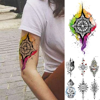 Body Art Nepremokavé Dočasné Tetovanie Nálepky Rainbow Kompas Flash Tetovanie Lebky Rose Vlk Rameno Falošné Tetovanie Ženy Muži