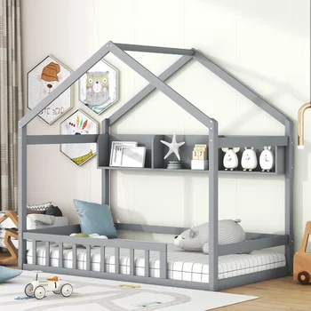 Detská posteľ, s úložný stojan, zábradlie a streche, detský poschodí posteľ, jar zadarmo, šedá detská posteľ
