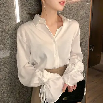 Elegantné Ženy Tričko Sťahovacie Svetlice Rukáv Pevné Retro Blúzky Ol Office Lady Kórejský Bežné Jeseň Jednoduché Singel Svojim Top Designe