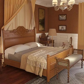 Jednoduché retro vyrezávané plný masívneho dreva posteľ s staré vyrezávané spálňa hnedá manželská posteľ, minimalistický a luxusné