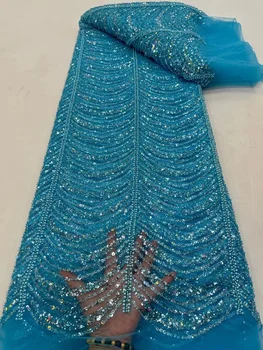 Móda modrá Priateľské Afriky Flitrami Čipky Textílie Luxusné francúzske Nigérijský Korálkové Oka Textílie, Čipky Vysokej Kvality Pre Svadobné Šaty