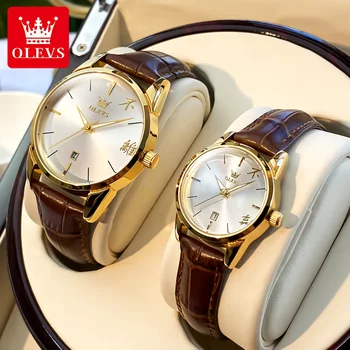 OLEVS Quartz Pár Hodinky Luxusný Kožený Remienok Čínsky Zobrazovať Jednoduché Kalendár Nepremokavé Svetelný Pár náramkové hodinky Reloj