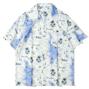 Pánske Vintage White Tlač Košele Lete Bežné Streetwear Krátky Rukáv Pánske Havajské Tlačidlo Tričko