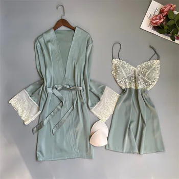 Sexy Oblečenie A Šaty Nastaviť Ženy Rayon Kimono Župan Čipky Sleepwear Bežné Domáce Oblečenie Zelená Satin Odev