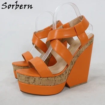 Sorbern Hrubé Orange Ženy Sandále Viditeľné Platforma Topánky Slingback Cork Klinu Vysoké Podpätky Kríž Členok Popruh Popruhy Vlastné
