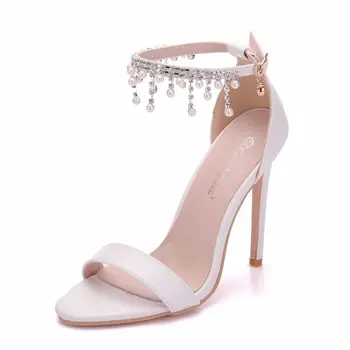 ženy sandále svadobné hostiny PU Kamienkami Sponou Pásik 11 CM Tenké Vysoké podpätky Kolo Prst zapatos de mujer dámske topánky veľkosť 35-42
