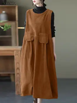 2023 Jeseň O-Krku Rúcha ZANZEA Ženy Menčester Dlho Vintage Šaty bez Rukávov Vrecká Vestidos Príležitostné Voľné Skladaný Midi Šaty
