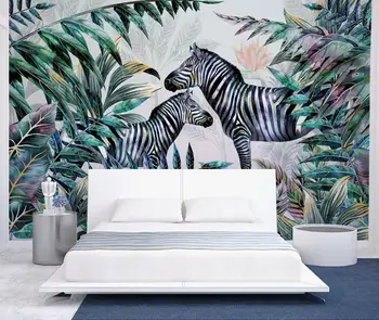 beibehang vlastné Nordic tropických rastlín, lesných zvierat zebra listy dekorácie na stene obývacej izby, moderné tapety, TV joj