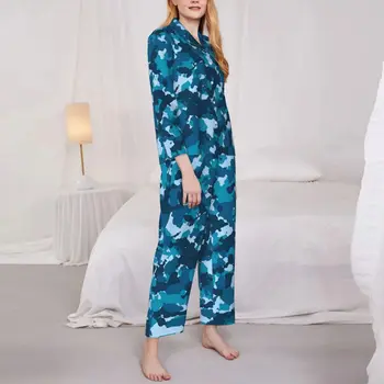 Camo Tlače Pyžamo Lady Blue Kamufláž Elegantné Spálne Sleepwear Jeseň Dvoch Kus Bežné Nadrozmerná Vzor Domov Oblek