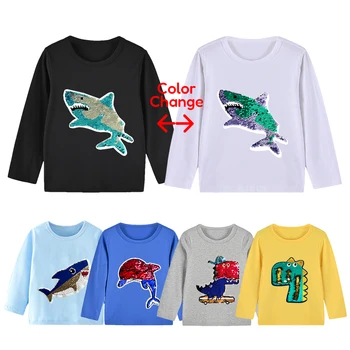 Chlapci T-shirt Jeseň Baby Deti Topy Zmena Farby Dolphin Shark Bežné Dlhý Rukáv Oblečenie Magic Sequin Deti Chlapca, Batoľa T-shirts