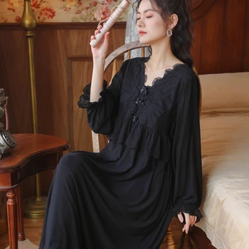 Dlho Čipky Šaty Sleepwear Biely Odev Vintage Oblečenie Pre Voľný Čas Modálne Nightgowns Palác Nighty Ženy Patchwork Luxusné Spanie