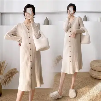 Dlhý Pletený tvaru Šaty Jeseň Tehotné Ženy Sveter Sukne Voľné 2023 Bežné kórejský Formálne Elegantné Rukáv dámske Šaty