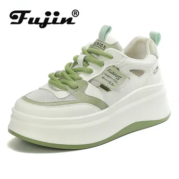 Fujin 7 cm Air Mesh pravej Kože Duté Priedušné Letné Ženy Sandále Pohodlný Platformy Robustný Klin Tenisky pre Voľný čas Vulcanize