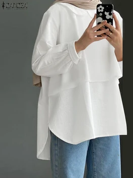 Jeseň Moslimských Hidžáb Blúzka Ženy Elegantné Pevné Tričko Bežné Biele Topy Nadrozmerná ZANZEA Módne Dlhý Rukáv Blusas Femme Kaftan