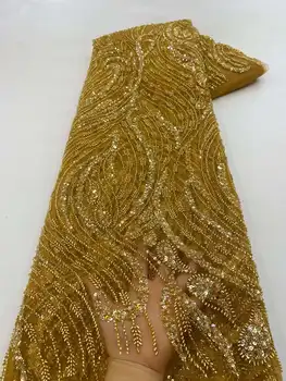 Klasické Nový Príchod Hlboké Zlatá Farba francúzsky Nigérijský Šplhať Flitrami Čipky Textílie 21-63005 Vyšívané Lady Zobraziť alebo Party Šaty