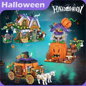 MOC Tvorivé Mini Halloween Ghost House Stavebné Bloky Pumpkin Carriage Dekorácie Tehly Chlapčenské a detské Hračky Dary