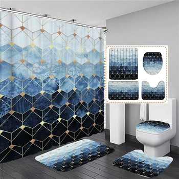 Modré Zlato Mramoru s Zlatej Žily Geometrické Hexagon, Kúpeľňa so sprchovým Kútom Závesy Wc Veko Krytu Rohože Non-Slip Koberec Vaňa Koberce