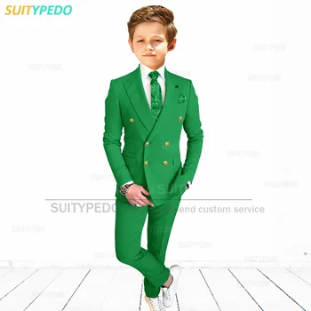 Móda Zelená Chlapčenské Obleky, 2 Ks Elegantné Dvojité Breasted Sako Nohavice Nastaviť Deti Tuxedos pre Svadobné Party návrat domov Narodeniny