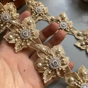 Nové 10x Gold Leaf Pearl Čipky Orezania pása s nástrojmi Korálkové Kvet Vyšívané Textílie Ručné Šitie Plavidlá Pre Kostým Klobúk Dekorácie Hot
