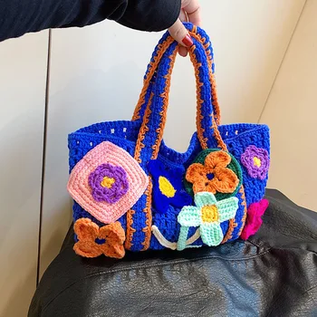 Nové nika dizajn kvet tote bag, ručne tkané vlnené vrece, módne veľkú kapacitu, prenosná taška cez rameno