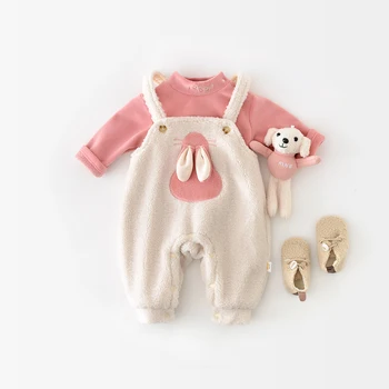 Nové zimné dievčatká pol turtleneck suit infant roztomilý kreslený králik podväzky top zahusťovanie 2ks/set