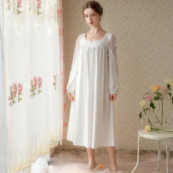 Nový Francúzsky Štýl Dlho Nightgowns Ženy Pohľadu Čipky Oka Plný Rukáv Nightdress Sleepwear Sexy Ženské Spodné Prádlo, Domáce Oblečenie