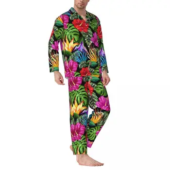 Palmový List Sleepwear Jeseň Kvety Tlače Príležitostné Voľné Nadrozmerné Pyžamo Nastaviť Pánske Dlhé Rukávy Teplé Spálňa Dizajn, Odev