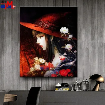 Portrét Domova 5d Diy Diamond Výšivky Mozaiky Red Hat Dievča Diamond Maľby Plné Námestie Kolo Vŕtať Kvetinové Steny Perličiek Umenie