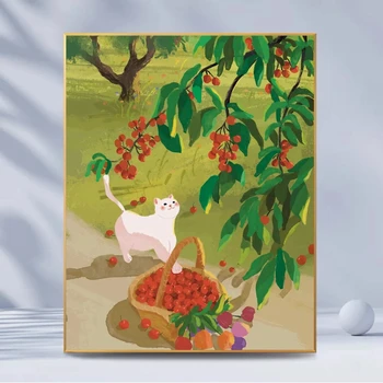Ručne vyplnené farba jarného dňa dievča mačka olej farbu maľby tulipán cherry liek jednoduché závesné digitálne olejomaľba