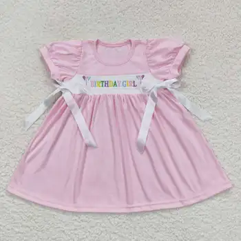 Veľkoobchod Deti, Baby, Dievčatá Oblečenie Detí Vyšívané balón farebné nápisy smocked ružová krátkym rukávom šaty s lukom