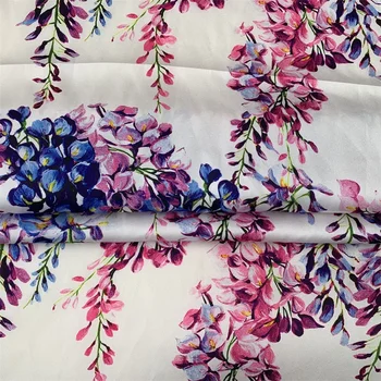 Vysoko kvalitná Značka, 100% Polyester Stretch Satin Wisteria Kvetina Tlače Módne Textílie Pre Shirt Dress Ručné DIY Textílie Podľa Dvore