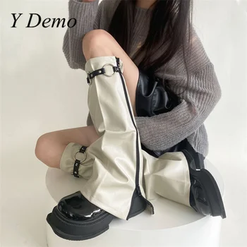 Y Demo Techwear Y2K Pu Kožené Bočné Zips Štýlový Leg Warmers Harajuku jednofarebné Ponožky, Topánky