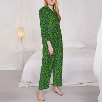 Zelená Rastlina Pyžamo Lady Leaf Tlač Romantický Denne Sleepwear Jeseň 2 Kusy Voľné Nadrozmerné Grafické Domov Oblek