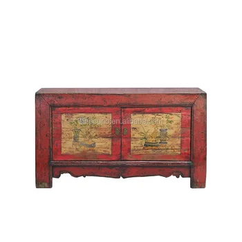 Čínsky peking veľkoobchod rustikálny pitnú drevo, červená maľované starožitné sideboard skrine