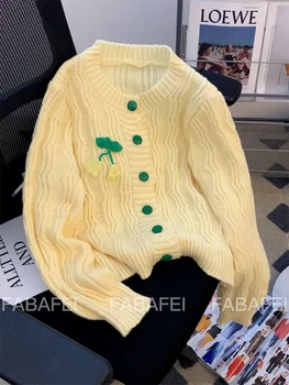 Ženské Vintage Yellow Cardigan Pletený Sveter 90. rokov Estetické Módne Harajuku kórejský Dlhý Rukáv Jumper Sveter 2000s Oblečenie