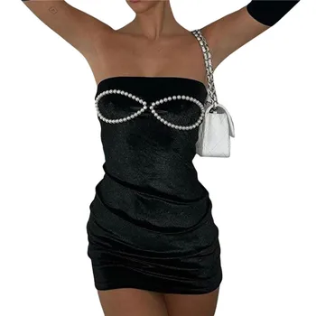 Ženy Hrudníka Balenie Šaty a Oversleeves Oblečenie Black Off-the-ramenný Slim Fit Bodycon s Pearl Dekor Elegantné Party Šaty